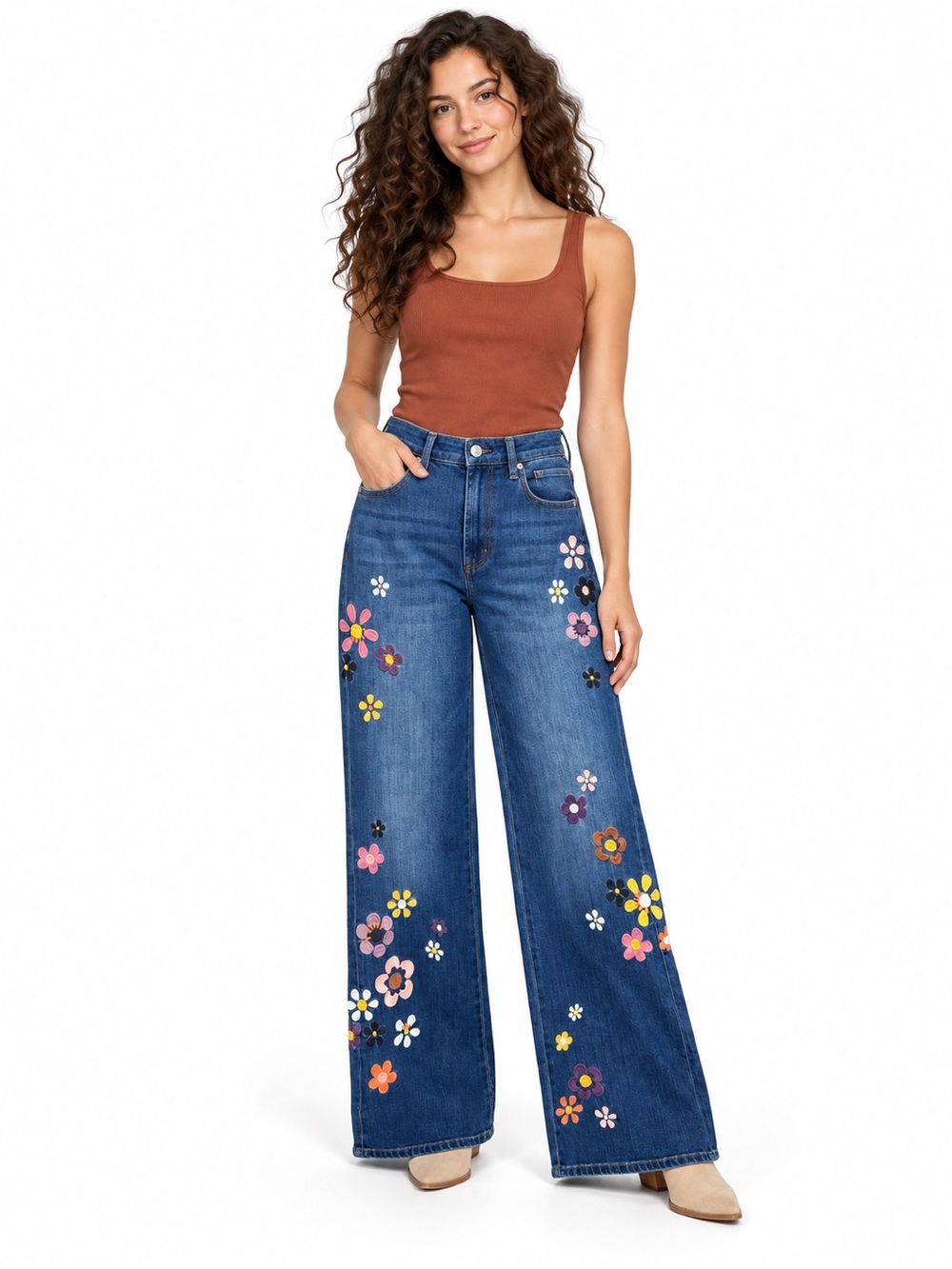 DRIFTWOOD Carlie Wide Leg Floral Embroidered Jeans Women Size 4